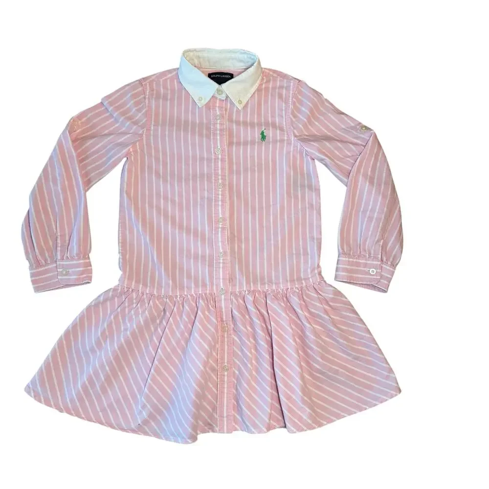 Ralph Lauren Vintage Pink Striped Green Pony Long Sleeve Dress Big Girl Sz 7